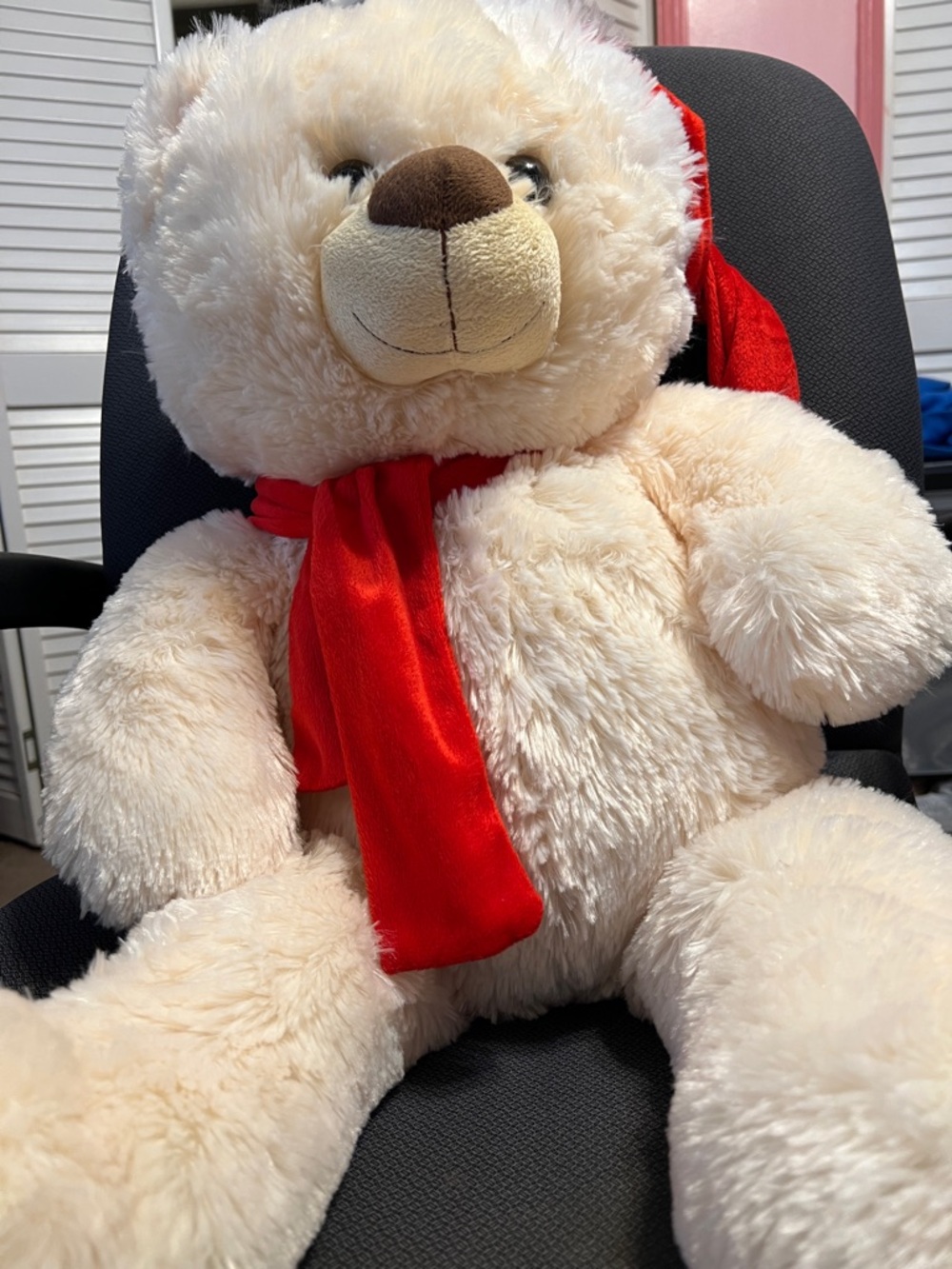 Plush Cream Teddy Bear with Red Scarf - Soft Huggable Kids Toy